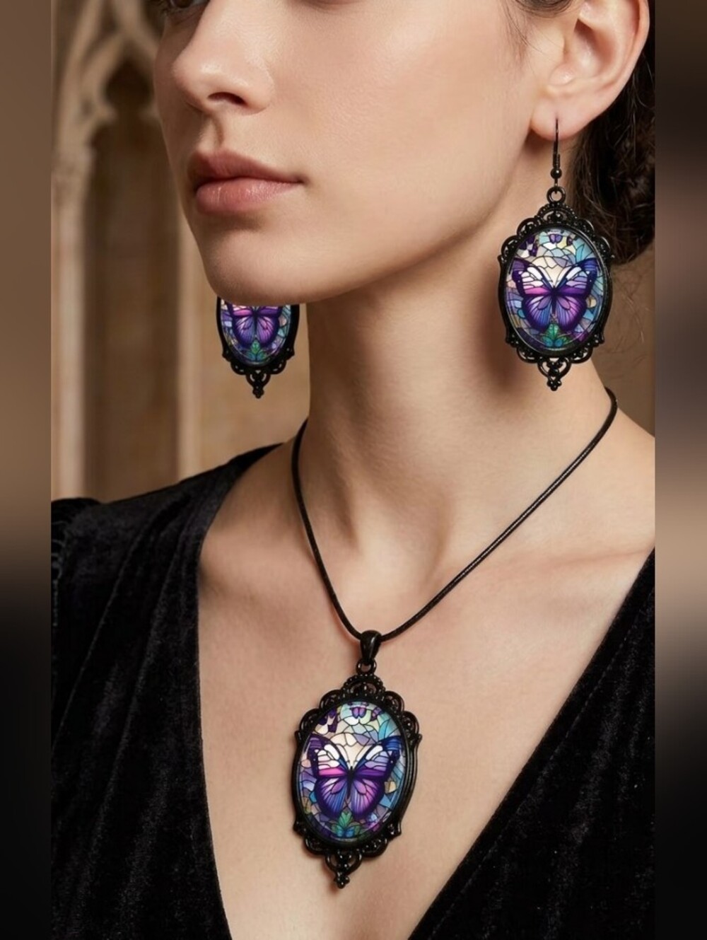 Victorian-Inspired Purple Butterfly Drop Earrings and Pendant Set